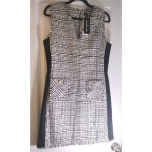 Karl Lagerfeld Paris Tweed Dress B&W Fringe Trim Button Pockets Gold Shimmer NWT